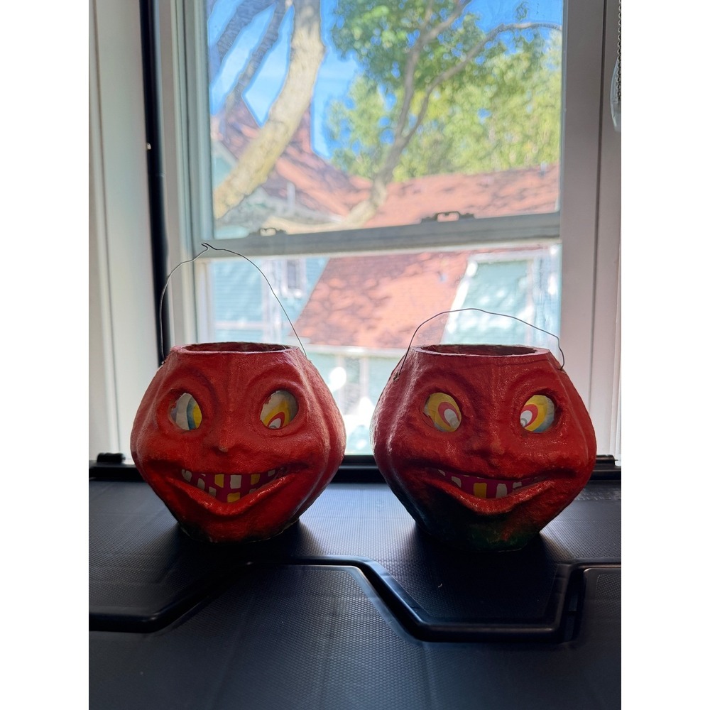 Vintage Halloween Paper Mache Jack O Lantern Pumpkin Buckets Pulp Decor Set of 2